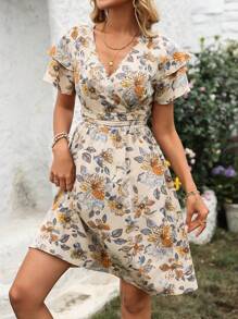 Breezaya Women's Resort Floral Print Ruffle Trim Short Sleeve Mini Dress