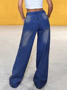 SHEIN Cottnline JEANS DE PIERNA ANCHA Y CINTURA BAJA PARA MUJERES - Azul - Ver 2