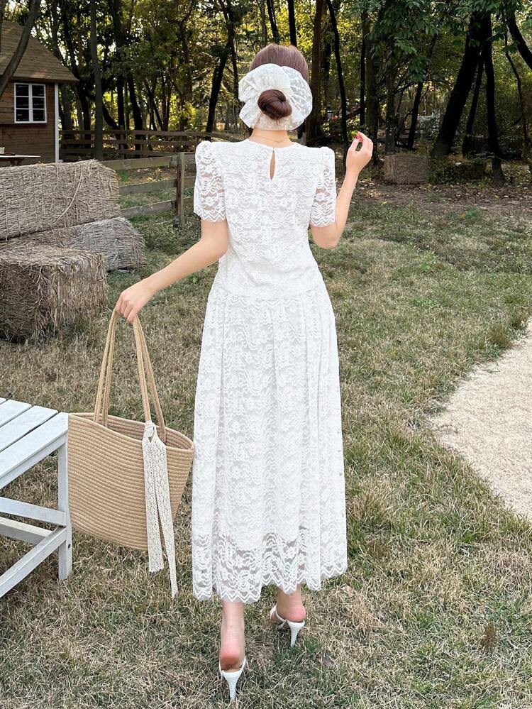 2 Pieces Set: Lace Round Neck Puff Sleeve Blouse & Skirt For Women