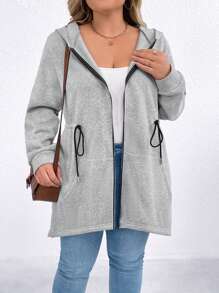 SHEIN LUNE 1pc Women Plus Size Knit Long Sleeve Casual Zipper Jacket, Fashionable And Versatile, Autumn/Winter