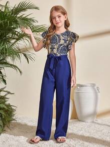 SHEIN Leap Crew Tween Girls' Print Ruffle Trim Cap Sleeve Jumpsuit, Bohemian Vacation Style, Suitable For Spring Travel & Holiday - Blue - View 5