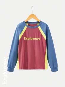 SHEIN Áo thun tay dài in chữ khối màu cổ tròn tay raglan cho bé gái tuổi mới lớn - Màu hồng gỉ - Xem 1