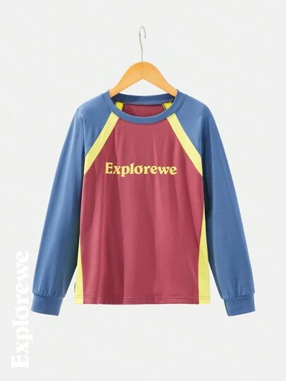 SHEIN Tween Girl Letter Print Color Block Round Neck Raglan Sleeve Long Sleeve T-Shirt