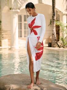 Swim Shayni Summer Women's Floral Print Crew Neck Long Sleeve One-Piece Swimsuit - White - View 5