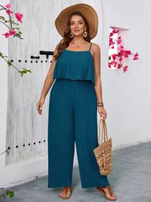 SHEIN VCAY Plus Size Solid Color Casual Jumpsuit, Simple And Stylish For Everyday Wear - Teal Blue - View 3