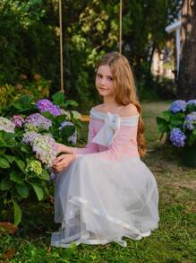 SHEIN Tween Girl 2 Pieces Set, Includes Off Shoulder Long Sleeve Bowknot Fitted Top In Pink And White Mesh Maxi Skirt, Elegant Casual Style For Spring/Summer Vacation, Girls Luxury Party Outfit