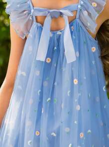 Wildeya Tween-Mädchen Ärmelloses Kleid, elegantes, wunderschönes, süßes Netzvolant-Kleid mit bunten Schmetterlingen, blau, geeignet für Sommer und Frühling, geeignet für Partys und Feiertage