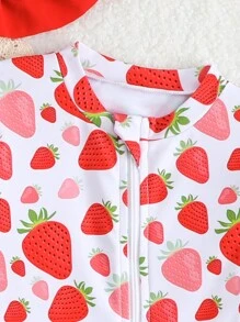 Newborn Girl Cute Strawberry Print Long Sleeve Ruffle One Piece Swimsuit With Sun Hat