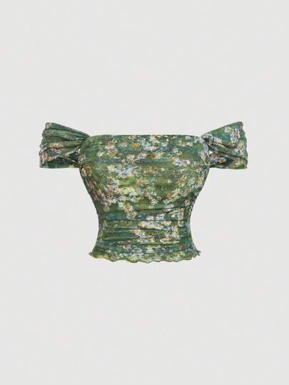 SHEIN MOD 大码女式露肩复古绿色花卉印花短款上衣、露肩复古花卉网眼衬衫、露肩上衣、复古梵高绘画印花上衣、女式外出上衣、度假装、复古服装