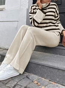 SHEIN Cottnline 2pcs/Set Women High Neck Long Sleeve Striped Simple Top And Pants - Multicolor - View 4