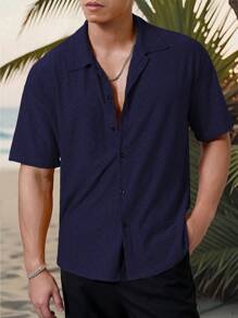 Manfinity Homme Men's Vacation Casual Style, INS Matched With A Knitted Black And White Geometric Striped Crochet Textured Jacquard Loose Short-Sleeve Shirt. Featuring A Button Placket, This Shirt Embodies French Elegance And Romance, Making It Perfect For Hawaiian Beach Vacations, As Well As Music Festivals And Everyday Wear. It Also Serves As An Ideal Gift For Boyfriends Or Husbands. Men's Striped Short Sleeve Single-Breasted Casual Commuter Shirt, Cool Shirts For Men, Nice Shirts For Men, Men's Fashion Shirts - Navy Blue - View 4