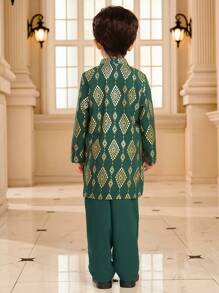 2pcs/Set Young Boy Front Button Long Sleeve All Over Print Casual Top And Pants Set - White - View 2