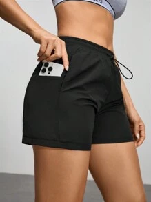 Women's Solid Color Drawstring Waist Pocket Casual Outdoor Shorts - Black - View 1