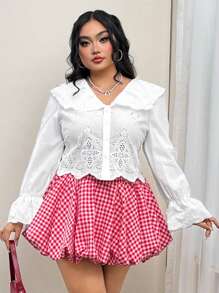 SHEIN ICON Plus Size Ruffled Collar Puff Sleeve Embroidered Blouse, Vacation, Spring