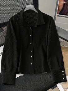 SHEIN Unity Blusa negra casual de manga larga, con botones delanteros, de unicolor y de diseño simple para mujer