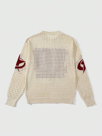 Men's Jersey Hollow Out Digit Jacquard Knit Crew Neck Long Sleeve Sweater, Streetwear