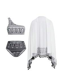 Swim Oasis Women's Asymmetrical Neck Sleeveless Bikini Top And Bottom Swimwear Set & Cover Up, Summer Beach Vacation Boho Outfit