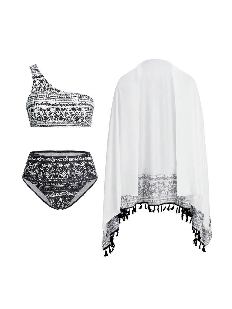 Swim Oasis Women's Asymmetrical Neck Sleeveless Bikini Top And Bottom Swimwear Set & Cover Up, Summer Beach Vacation Boho Outfit