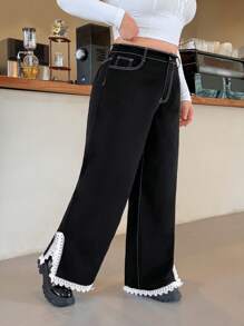 SHEIN EZwear Plus Size Casual Contrast Color Lace Trim Slit Denim Pants - Black - View 5