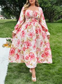 Flirla 甜美灯笼袖方领前束腰系带 A 字形荷叶边下摆花卉印花连衣裙，优雅