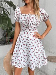 Breezaya Square Neck Floral Tie-Waist Midi Dress Vacation Beach Outfits Women