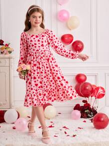 Valentine's Day Tween Girls Heart & Polka Dot Print Long Sleeve A-Line Dress, Two-Way Neckline, Spring/Summer - Red - View 3