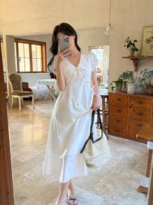 DAZY Đầm dài vừa phải cổ chữ V tay bồng trang trí nơ cho nữ mùa hè - trắng - Xem 9