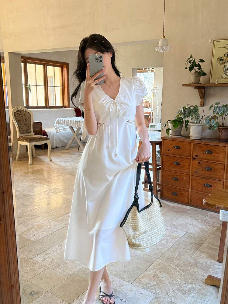 Women's Casual V-Neck Puff Sleeve Bowknot Decor Mid-Length Dress Summer