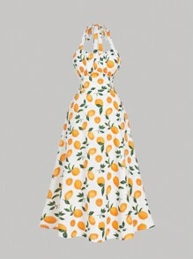 SHEIN MOD Đầm chữ A in họa tiết quả chanh cỡ lớn cho nữ mùa hè cổ yếm màu vàng - Nhiều màu - Xem 1