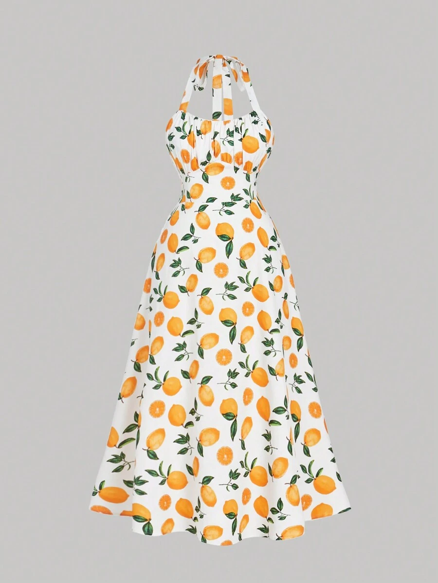 SHEIN MOD Đầm chữ A in họa tiết quả chanh cỡ lớn cho nữ mùa hè cổ yếm màu vàng - Nhiều màu - Xem 1