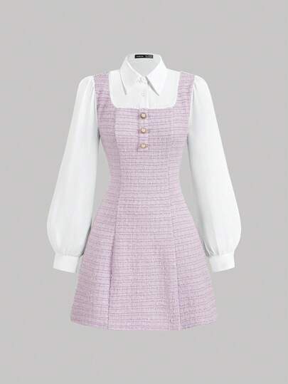 SHEIN MOD Tween Girls Elegant Lilac Color Block Turndown Collar Lantern Sleeve 2 In 1 Dress, Fall & Autumn,Back To School,Fall Dresses,Going Out Outfits,Lilac Long Sleeve Dresses