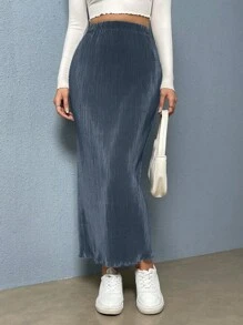 SHEIN Essnce 女士纯色弹力腰荷叶边休闲长裙 - 霧霾藍 - 查看 5