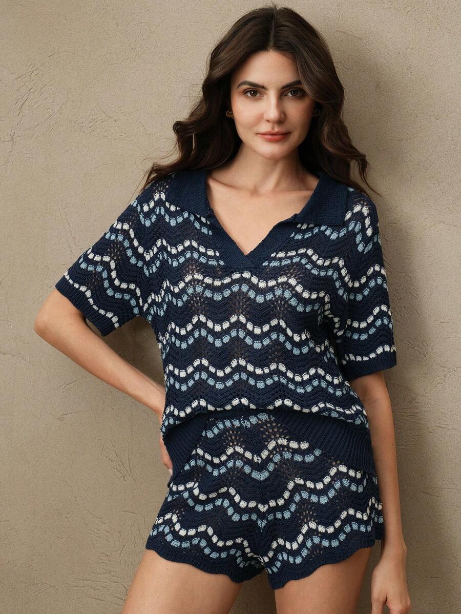 Anewsta Beach Casual Women Summer South Of France Style Elegant Two-Tone Knit Shorts - Multicolor - View 1