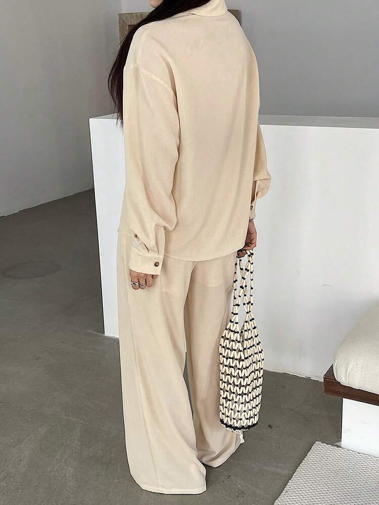 2pcs/Set Women Solid Color Loose Shirt & Wide Leg Pants,Fall Women Clothes Lounge Sets For Women