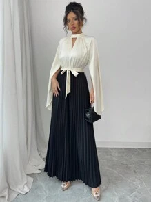 Elenzga Mono elegante y romántico de mujer con cuello triangular, de crepe con bloques de color y calado