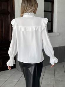 Chiquease 女士长袖荷叶边袖口纽扣式白色衬衫