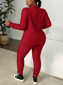 Slaydiva Plus Size Black Zippered Mock Neck Textured 2 Pieces Athleisure Set - Z