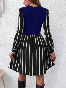 SHEIN Clasi Women's Striped Patchwork Long Sleeve 2 In 1 Short Dress - Blue - View 2