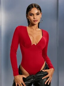 SHEIN SXY One Piece Clothing Solid Color Sexy Deep V Neckline Slim Fit Bodysuit, Suitable For Underwear Or Outerwear, Date Night, Birthday, Bachelorette Party Outfit, Casual, Shopping, Street Wear, Going Out, Flirty, Easy To Match And Look Slim, Highlight Your Figure, Show Your Body - Red - View 1