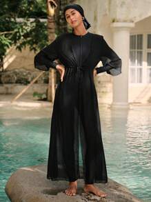 Swim Mulvari Burkini long à manches longues de couleur unie pour femmes, casual et pour le port quotidien en vacances à la plage d'été. Vêtement arabe - Noir - Voir 7