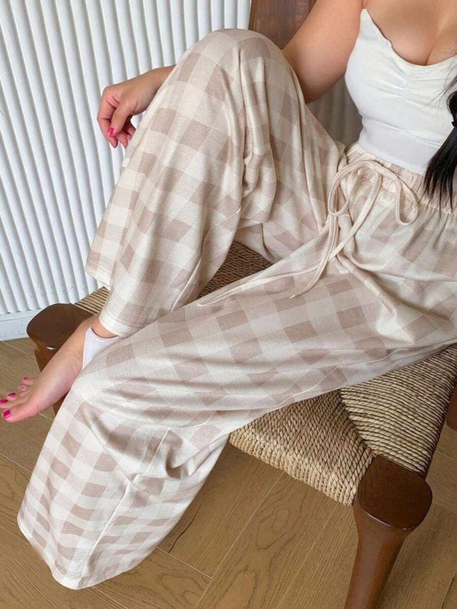 Dazy Petite Plus Plaid Elastic Waist Loose Casual Pajama Pants, Khaki, All Season - Khaki - View 1