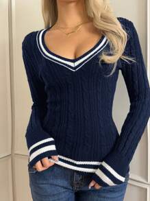 SHEIN EZwear Maglione casual da donna a maniche lunghe con scollo a V e patchwork monocromatico
