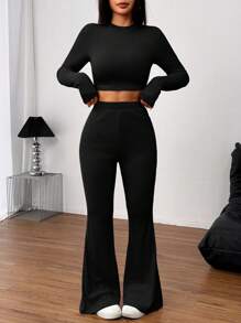 SHEIN EZwear 2pcs Set: Solid Color Knitted Round Neck Long Sleeve Cropped Fitted T-Shirt & High Waist Flare Pants, Women - Black - View 4