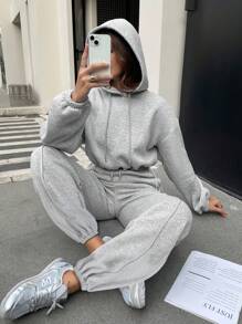 INAWLY Bộ 2 áo hoodie dài tay trễ vai màu trơn cho nữ và quần nỉ, trang phục thường ngày thu/đông - Màu Xám nhạt - Xem 1