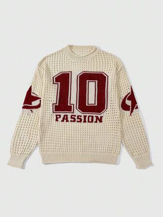 Men's Jersey Hollow Out Digit Jacquard Knit Crew Neck Long Sleeve Sweater, Streetwear