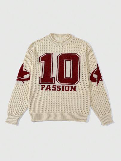 Pull à col rond à manches longues, jacquard à chiffres ajouré, streetwear