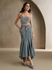 Anewsta Rhinestone Embellished Denim Crop Top For Women, Fashionable & Luxurious - Light Wash - View 3