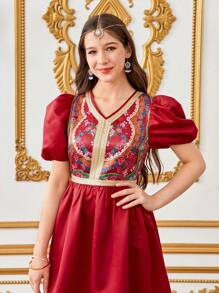 SHEIN 少女优雅复古花卉刺绣泡泡袖长裙 - 酒紅色 - 查看 4