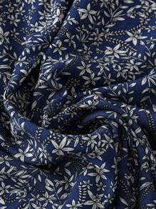 加大码碎花立领腰带装饰休闲长袖连衣裙长款女装 - 藏蓝色 - 查看 5