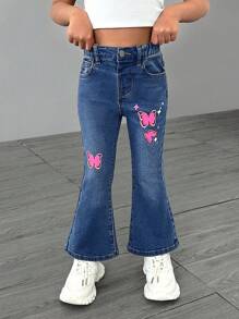 Young Girl Sweet & Cute Printed Flared Jeans - Medium Wash - View 3